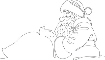 Outlined Cute Santa Claus Cartoon Character With A Sack Full Of Gifts. Vector Hand Drawn Illustration. One continuous line drawing Santa Claus on reindeer and sled. concept for Christmas and New Year