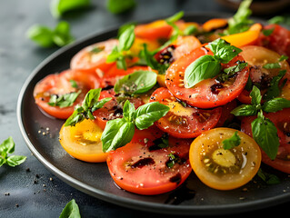 Photo, Fresh Tomato and Basil Salad with Balsamic Glaze