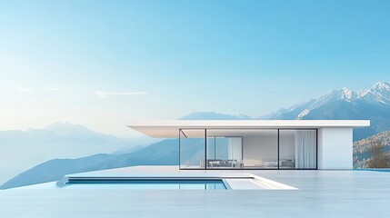 Obraz premium Modern minimalist home with a pool overlooking a mountain range.