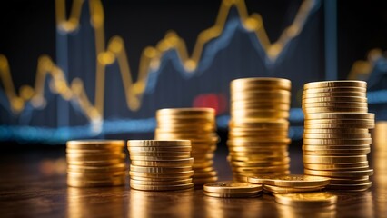 Gold coin stacks with a rising stock chart in the background