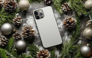 Christmas Phone Case Mockup A blank phone case set on a holiday backdrop with festive greenery and ornaments 