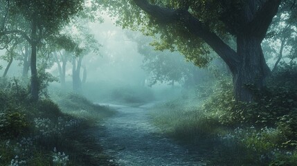 Fototapeta premium A misty forest path winds through the trees, creating an ethereal and mysterious atmosphere.