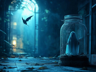Obraz premium In a dimly lit, abandoned room, a translucent ghost figure is enclosed in an old glass jar. Surrounding the jar is swirling mist, creating an unsettling and spooky ambiance.
