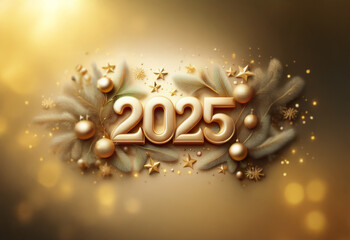 The year 2025 is displayed in golden 3D lettering surrounded by festive greenery, ornaments, and stars against a blurred gold background.