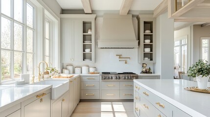 Fototapeta premium Modern Kitchen with White Cabinets and Gold Hardware