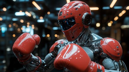 Naklejka premium A futuristic robot in a boxing stance, wearing red boxing gloves and a red helmet with blue visor.