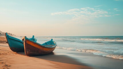 Fototapeta premium Two colorful boats rest on a sandy beach with gentle waves lapping at the shore.