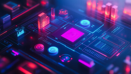 Obraz premium A computer chip with a pink and blue color scheme. The chip is surrounded by a cityscape with buildings and lights. The image conveys a futuristic and technological atmosphere