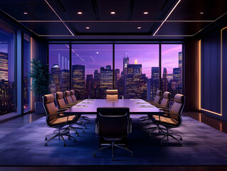 3D Illustration - Modern Office Meeting Room Interior, Night City View