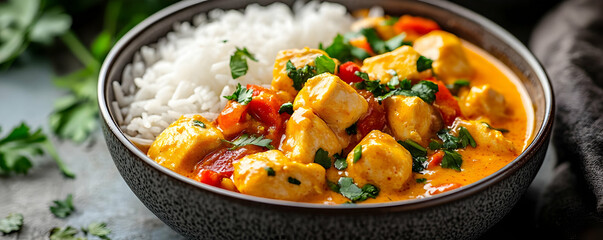 Photo Chicken Curry Rice Pepper Cilantro Indian Food Dish Cuisine Meal Spicy