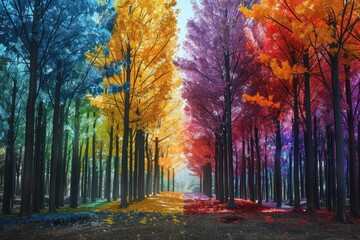 A Colorful Autumn Forest with Rainbow Hues