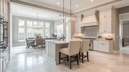 Fototapeta premium Modern Kitchen with Island, Barstools, and White Cabinets