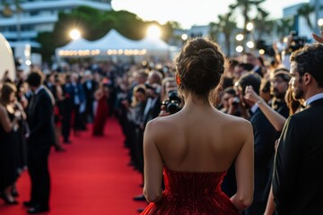 The atmosphere is electric as a celebrity in a red gown walks the red carpet at a prestigious film festival, surrounded by eager photographers and fans capturing the moment