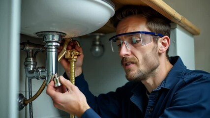 Male plumber repairing sink pipes, focused technician with safety goggles fixing plumbing under sink, concept of skilled trades, home maintenance, and professional repair service
