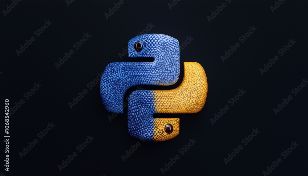 Poster realistic python snake logo with intertwined blue and yellow snakes symbolizing programming.