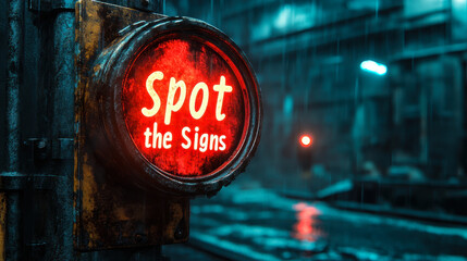 Spot the Signs Red Neon Light Concept for Attention and Awareness in Urban Setting
