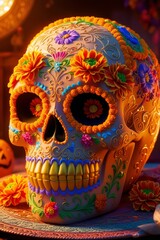 A vibrantly decorated sugar skull, intricately designed with colorful marigolds, delicate filigree, and intricate patterns to honor Dia de los Muertos. 
