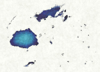 Fiji Islands map with drawn lines and blue watercolor illustration