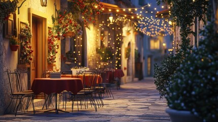 Charming outdoor cafe with holiday lights in a Mediterranean village, capturing December ambiance
