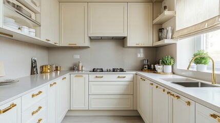 Fototapeta premium Modern White Kitchen with Gold Accents and a Window