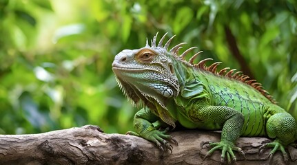 Common green iguana resting on a tree trunk in tropical.generative.ai
