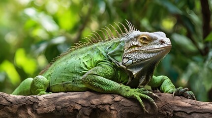 Fototapeta premium Common green iguana resting on a tree trunk in tropical.generative.ai 