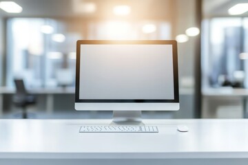 Naklejka premium The office features a modern design with a cuttingedge computer setup and minimalist furniture, creating a bright, professional atmosphere that boosts productivity and creativity