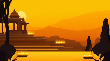 Illustration of a Traditional Temple with Lit Lamps at Dusk