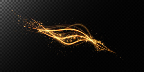 Festive gold light line. With fine particles of stardust, a golden ribbon winds around a dark background with a fine sprinkling of stars. curved light line, rope, ribbon. 
