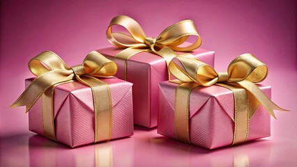 Obraz premium A trio of pink gift boxes with delicate gold ribbon bows, presented against a soft blush backdrop