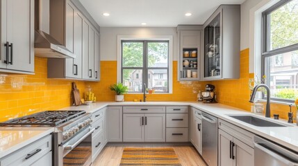 Fototapeta premium Modern Kitchen with Yellow Tile Backsplash and Stainless Steel Appliances