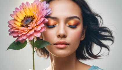 Naklejka premium woman holding a flower with eyes closed, well lit picture, colorful picture and highly detailed