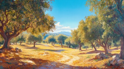 Mediterranean olive grove under warm December sun, capturing the winter harvest season