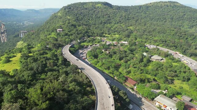 national highway48 in beautiful winter season lonavala hills 180d bird eye view in maharashtra.