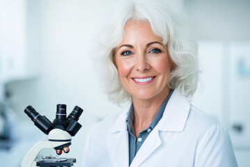 Joyful senior woman scientist engaged in forensic analysis, discovering new data with a microscope, showcasing dedication and expertise in research.