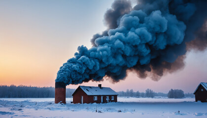 smoke from vent in winter, well lit picture, colorful picture and highly detailed