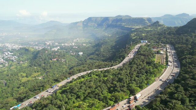 national highway48 in beautiful winter season lonavala hills bird eye view in maharashtra.