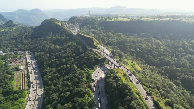 national highway48 in beautiful winter season lonavala hills bird eye view in maharashtra.