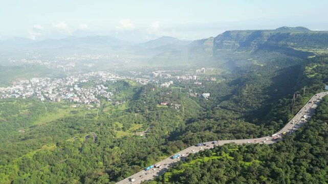 national highway48 in beautiful winter season lonavala hills bird eye view in maharashtra.