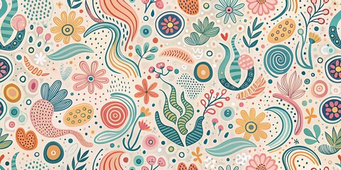 Naklejka premium Abstract Whimsical Floral Pattern with Organic Shapes and Curvy Lines