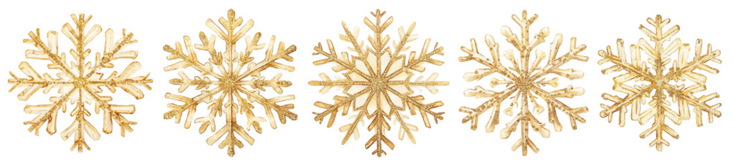 Gold-hued snowflakes exuding warmth with intricate designs.