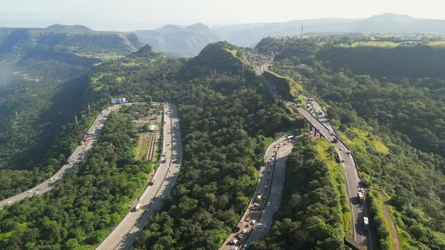 national highway48 in beautiful winter season lonavala hills drone moving back view in maharashtra