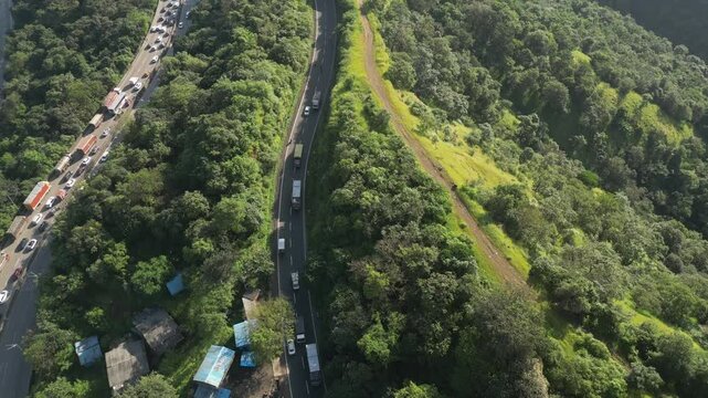 national highway48 in beautiful winter season lonavala hills drone moving back view in maharashtra