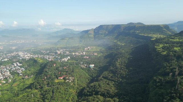 beautiful lonavala sahyadri hills drone moving front view in maharashtra