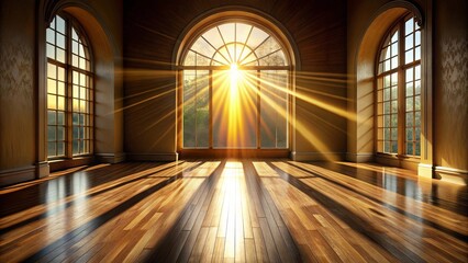 Fototapeta premium Golden Rays of Sunlight Stream Through Arching Windows in a Spacious Room with Hardwood Floors