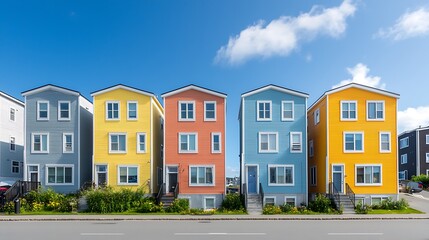 Vibrant row of colorful modern homes showcases unique architectural design and community charm