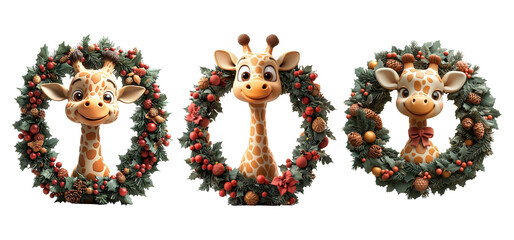 Cheerful Giraffe Portraits in Holiday Wreaths
