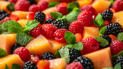 Obraz premium Photo Fresh Fruit Salad Raspberry Blackberry Cantaloupe Mint