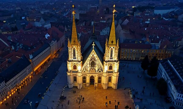 Aerial view of famous places St. Stephen's Cathedral Stephansdom at night. Mother church of the Roman Catholic Archdiocese of Vienna. Austria