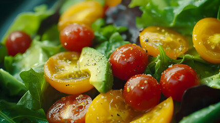 Photo Fresh Salad with Red and Yellow Tomatoes, Avocado, and Greens